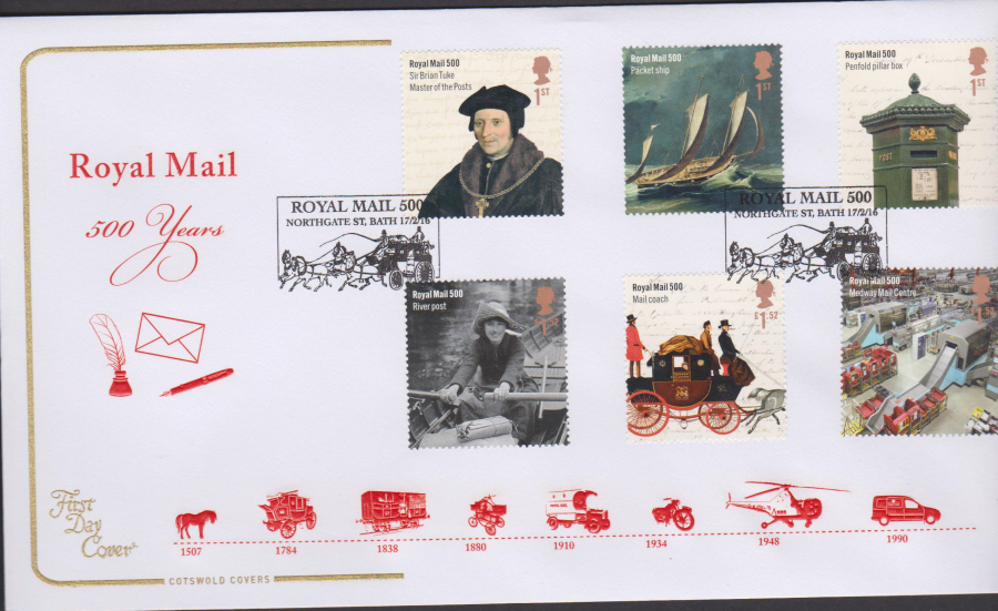 2016 - Royal Mail 500 Years COTSWOLD First Day Cover Set - Royal Mail 500 Bath Postmark - Click Image to Close